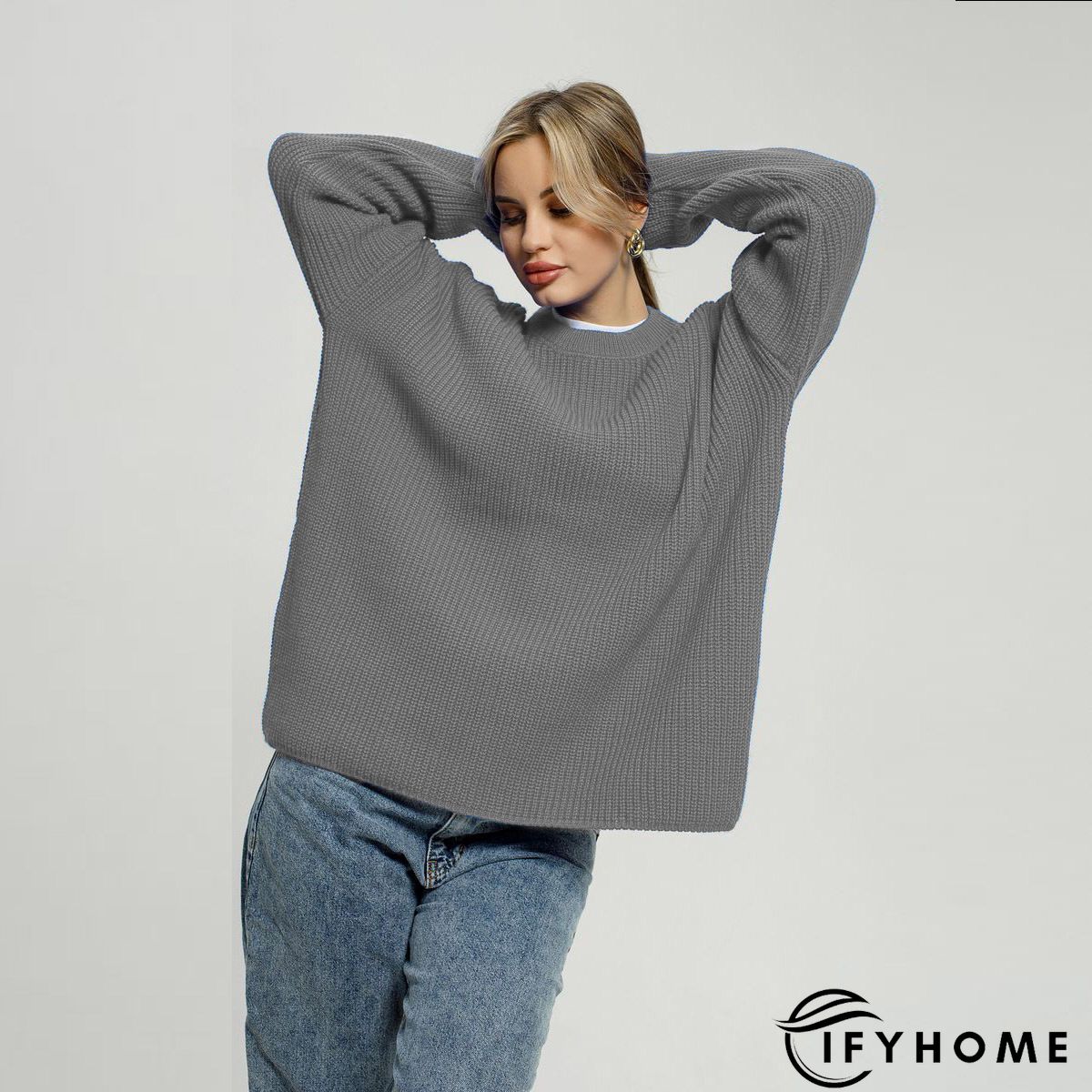 Casual Knitted Plain Round Neck Vintage Tunic Sweater Knit Jumper | IFYHOME