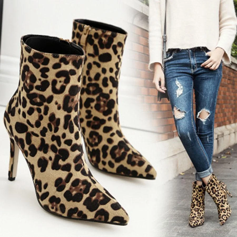 Leopard High Heel Zipper Embellished Boots