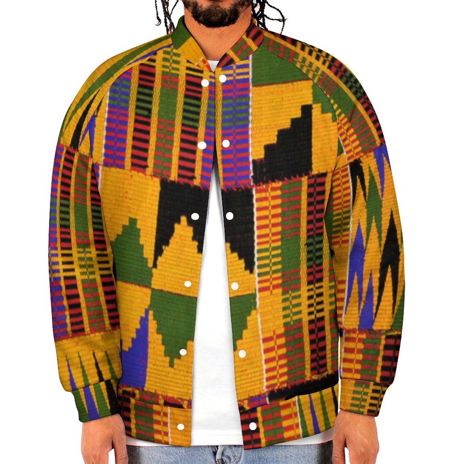 African Ethnic Tribal Gold Geometric Pattern Sweatshirt Jacket Mens Casual Lightweight Button Up Bomber Jacket Outwear