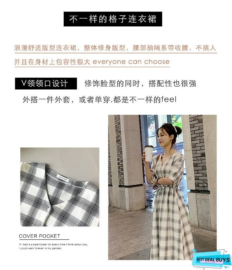 036 Plaid Shirt Dress Women's New Summer Long Fairy Lady Super Fairy Mori Style Dress Waist-Slimming Dress