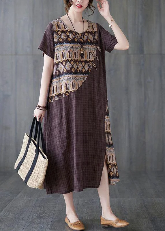 Women Chocolate Patchwork Print Oriental Party Summer Cotton Dress