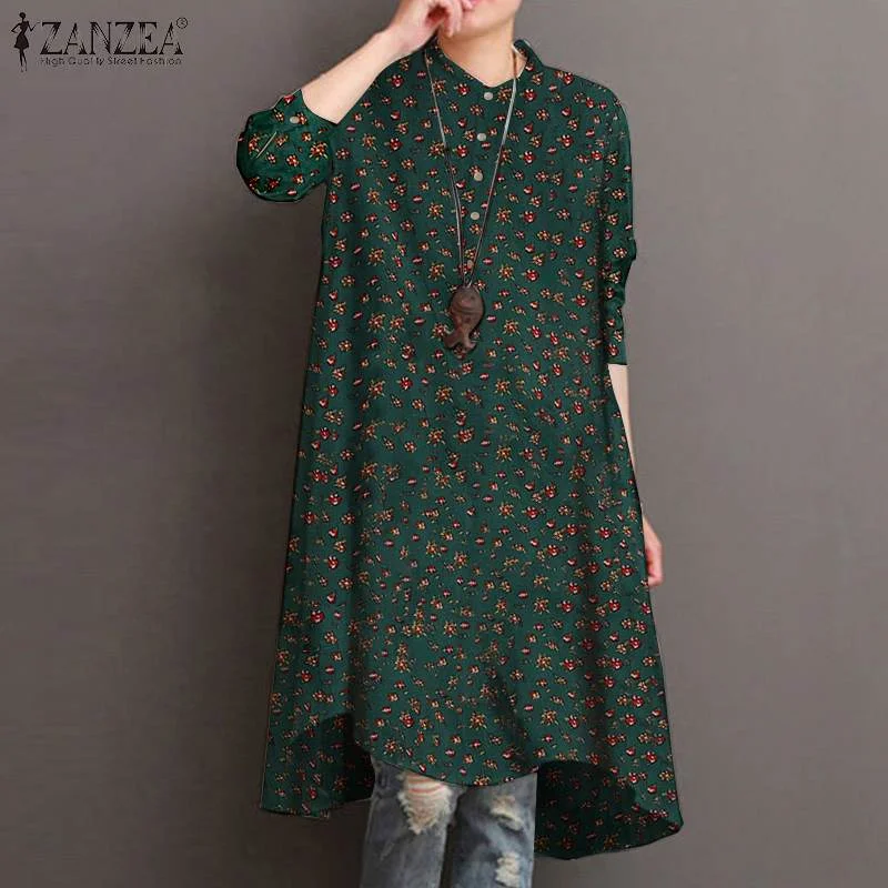 2022 ZANZEA Autumn Women's Floral Blouses Elegant Shirt Vestidos Casual Long Sleeve Long Tops Female Printed Tunic