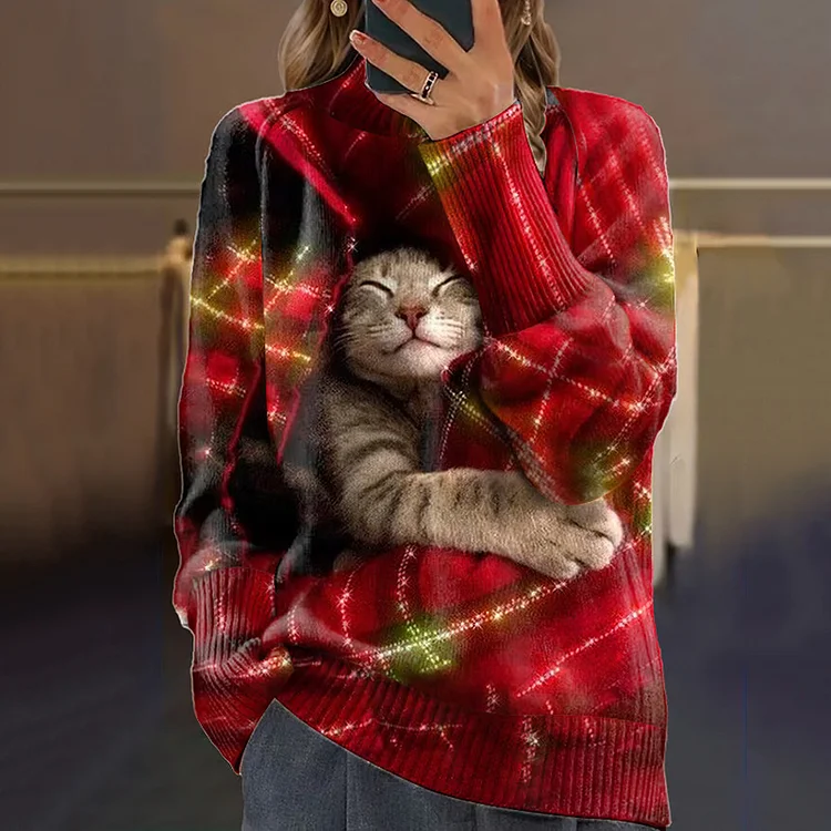 Plaid Cat Print Turtleneck Cozy Knit Sweater