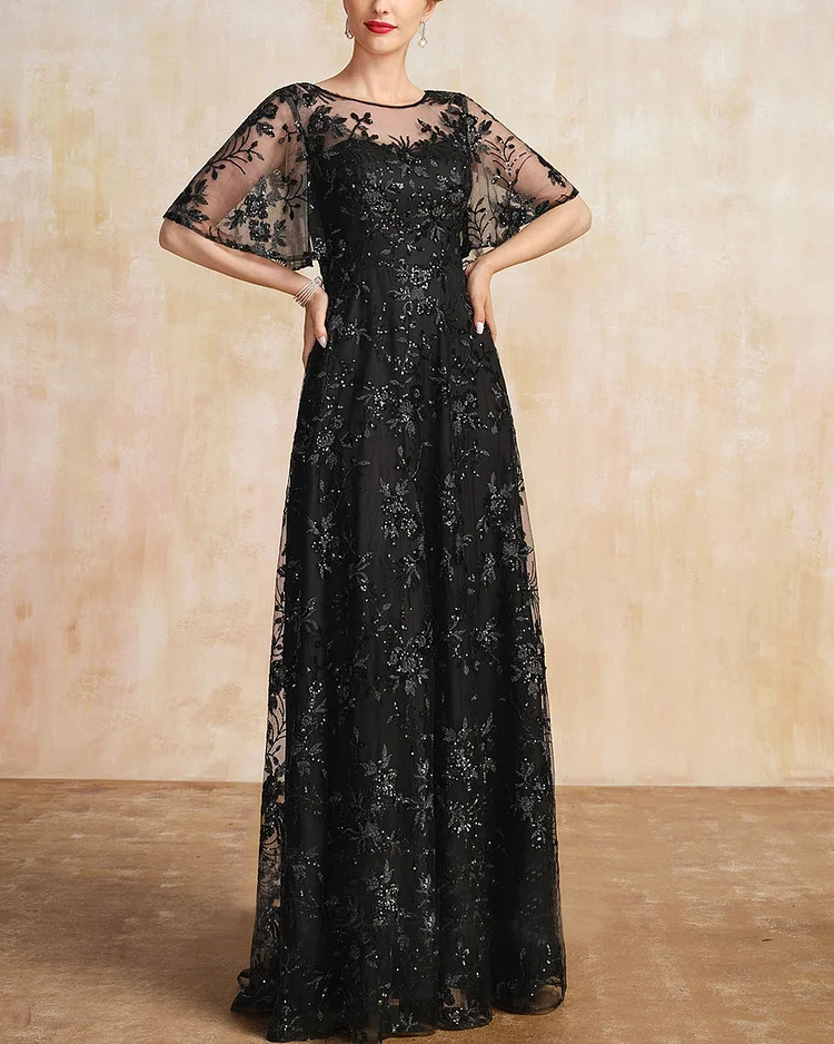 A-Line Lace Mesh Floor-Length Dress 