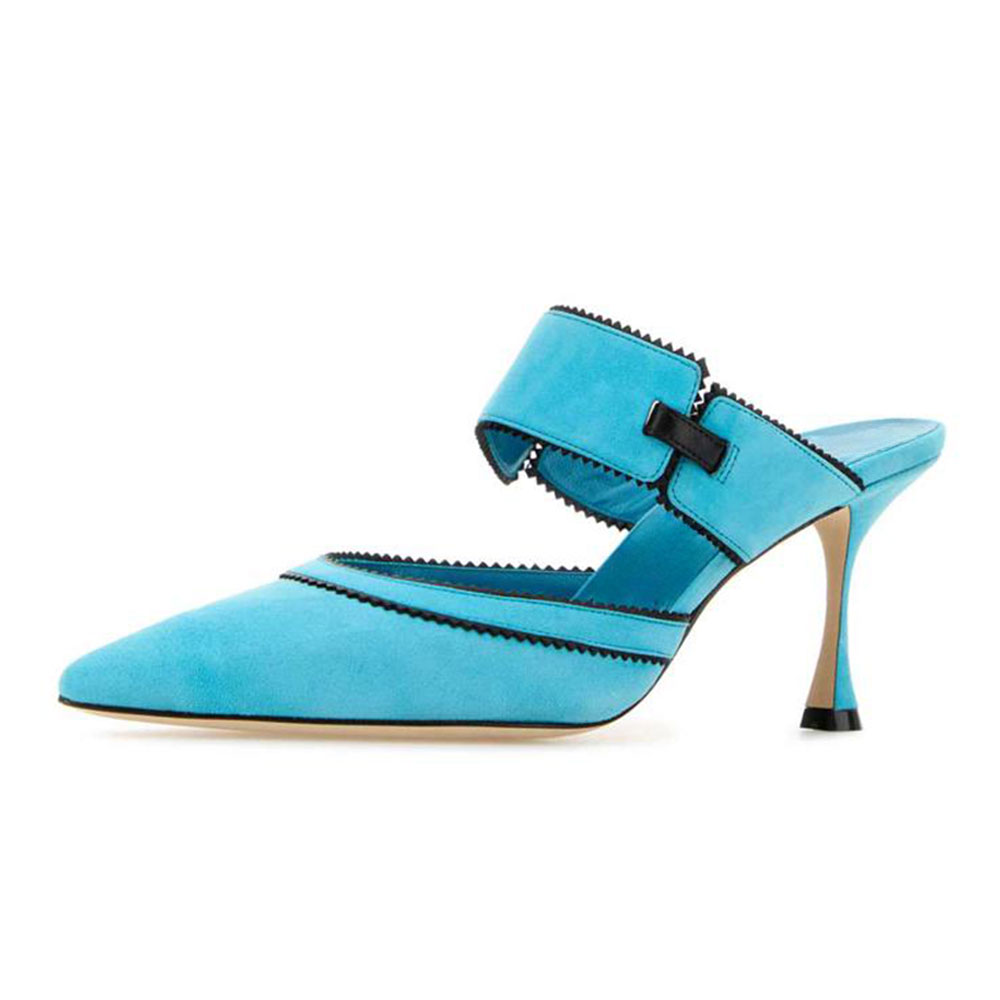 Blue Vegan Suede Pointed Toe Spool Heel Mules Shoes with Strap Nicepairs