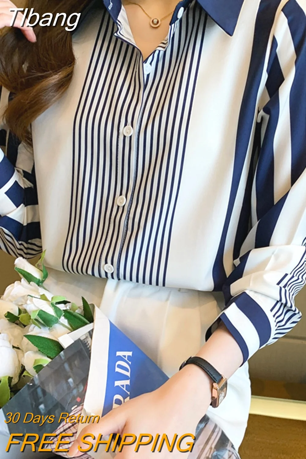 Tlbang Women's Shirt Blue Striped Blouses for Women Long Sleeve Top Women Button Up Polo Neck Clothes Female 2023 Fashion Leisure Shirt