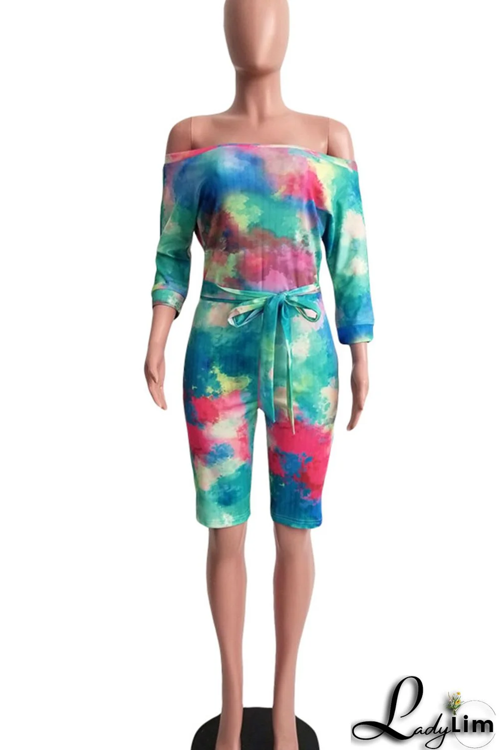 Tangerine Red Casual Print Tie Dye Bandage Split Joint Off the Shoulder Straight Jumpsuits