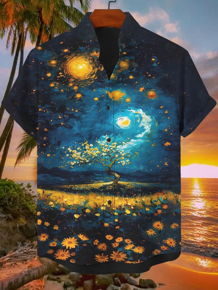 Men's Summer Night Oil Painting Print Shirt