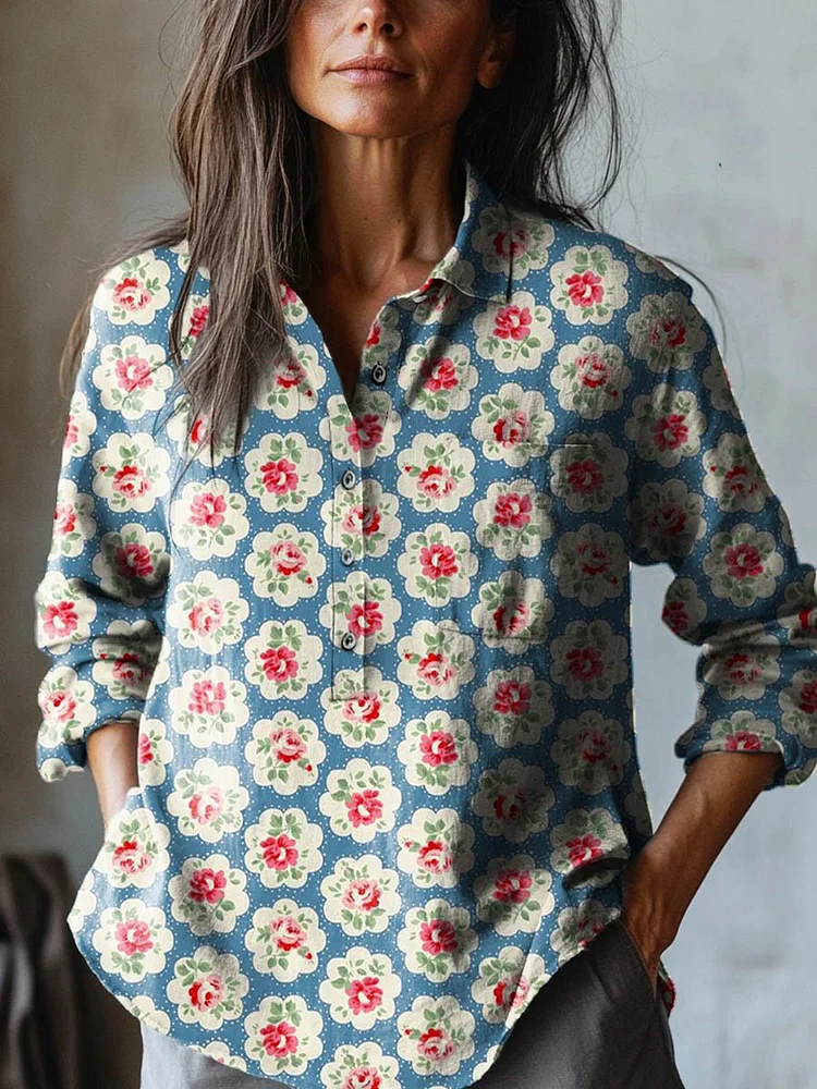 Women's Vintage Lovely Floral Art Print Casual Cotton And Linen Shirt