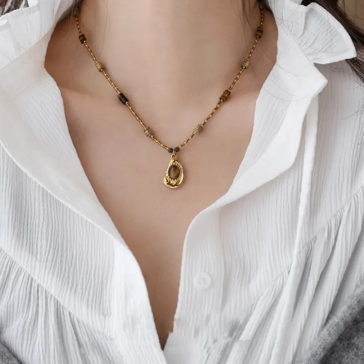 Tigers Eye Worry Stone Necklace | Beaded Clavicle 14K Chain Stacking Set