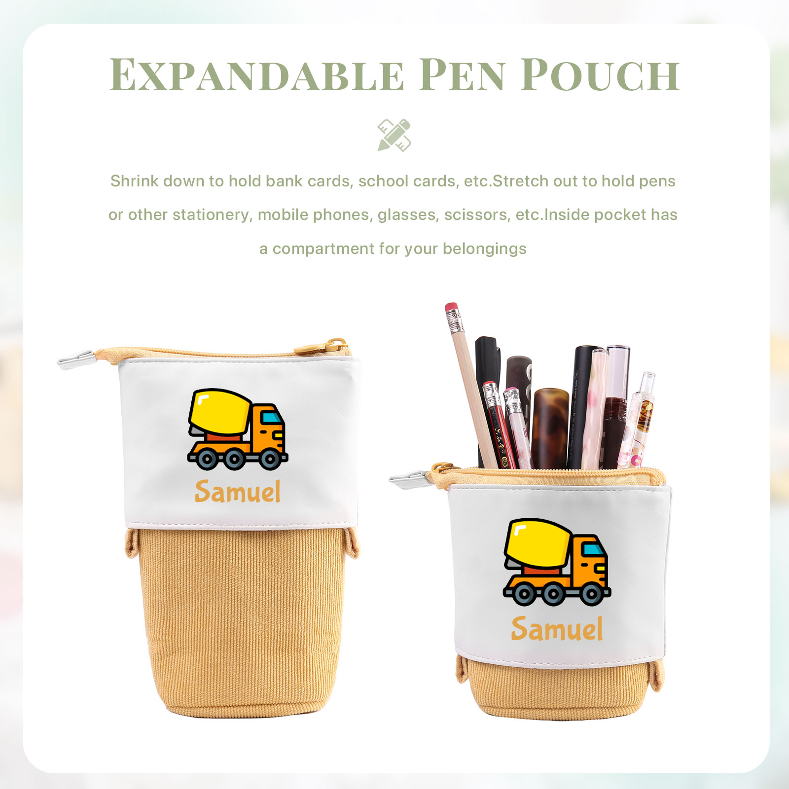 Astuccio per matite personalizzato con 1 nome e 1 veicolo da costruzione regalo per scuola elementare bambini