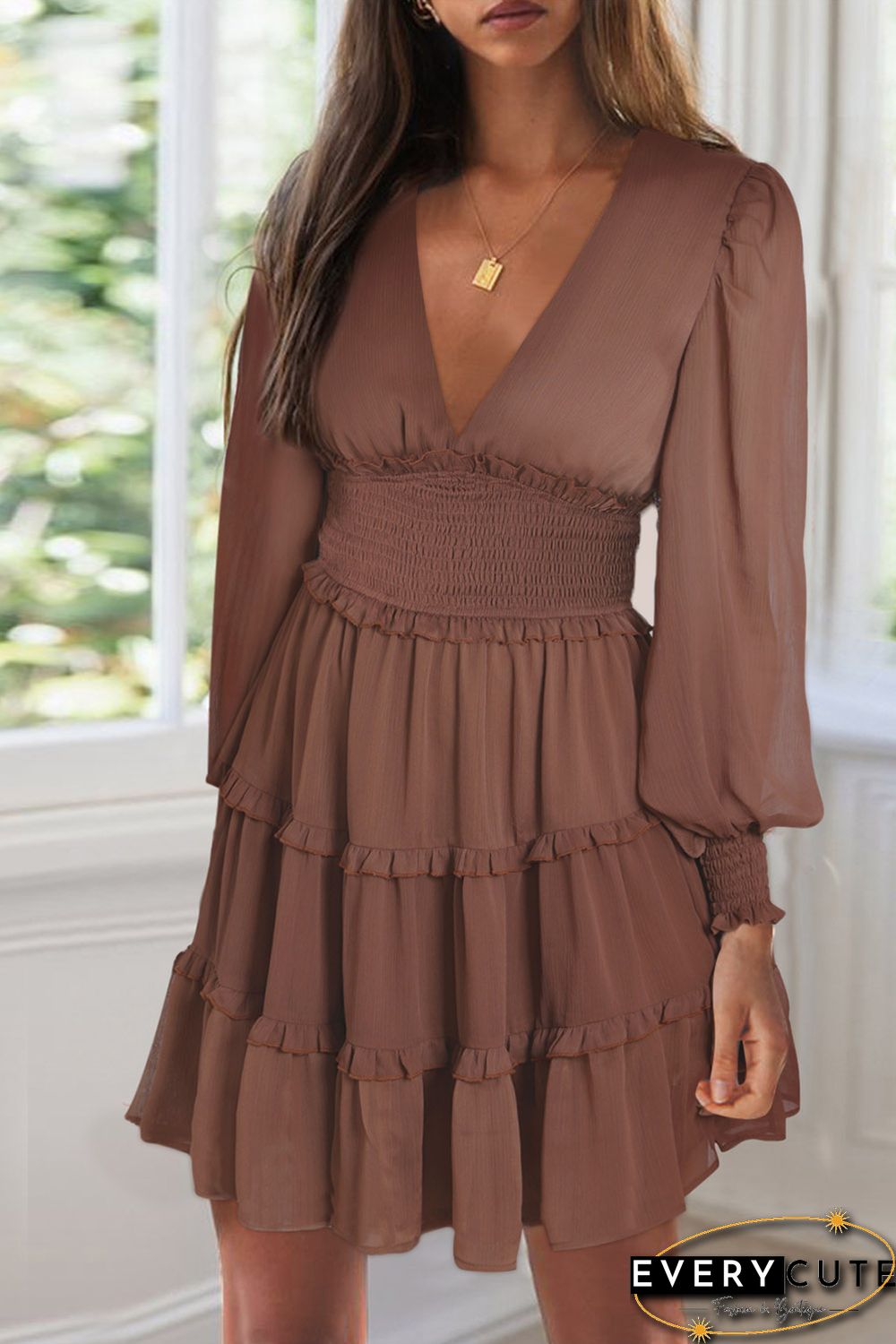 Brown Frill Smocked Detail Sheer Long Sleeve Dress