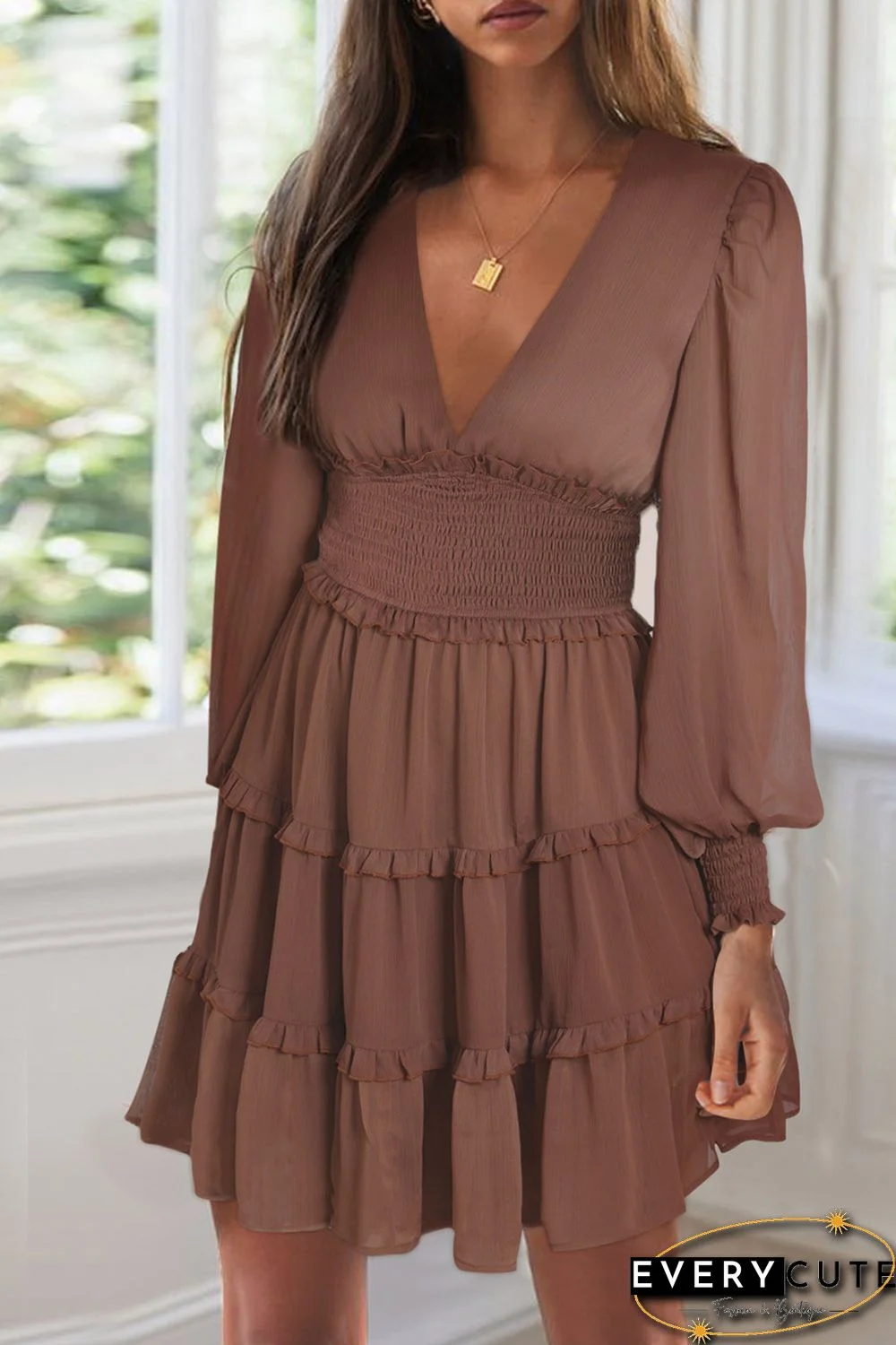 Brown Frill Smocked Detail Sheer Long Sleeve Dress