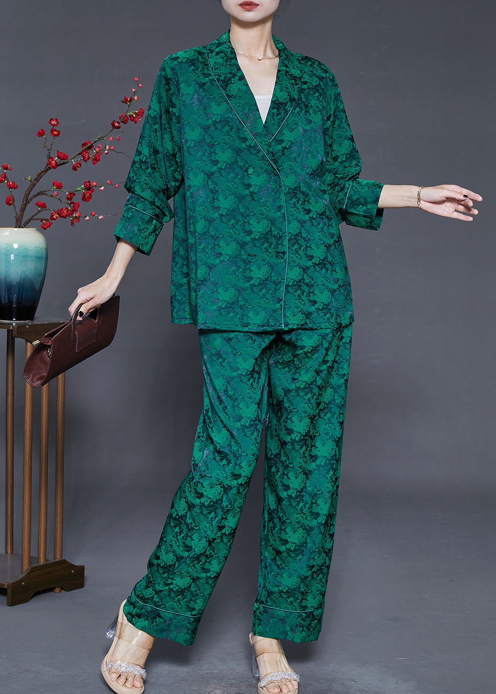 VCSHOES Blackish Green Oversized Print Silk Two Pieces Set Fall