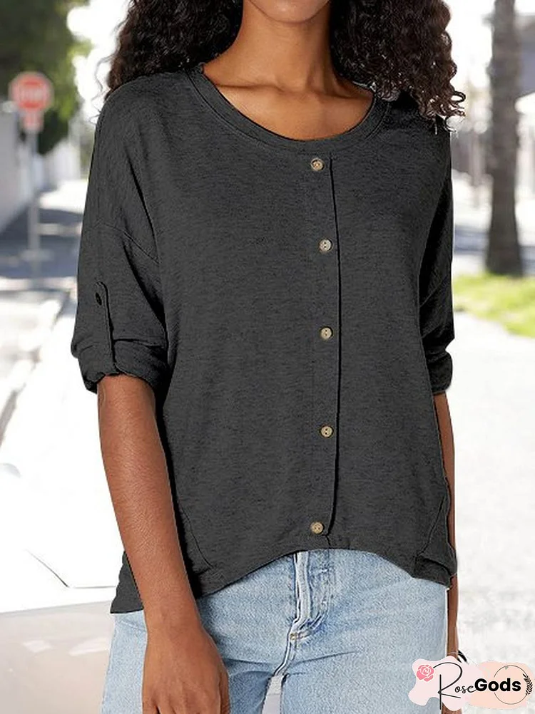 Casual Plain Button-Embellished Long-Sleeve Knitted Top