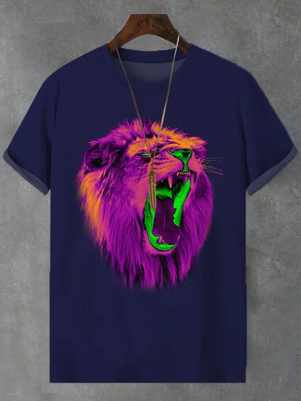 Men's Lion Head Graphic Print Casual T-Shirt