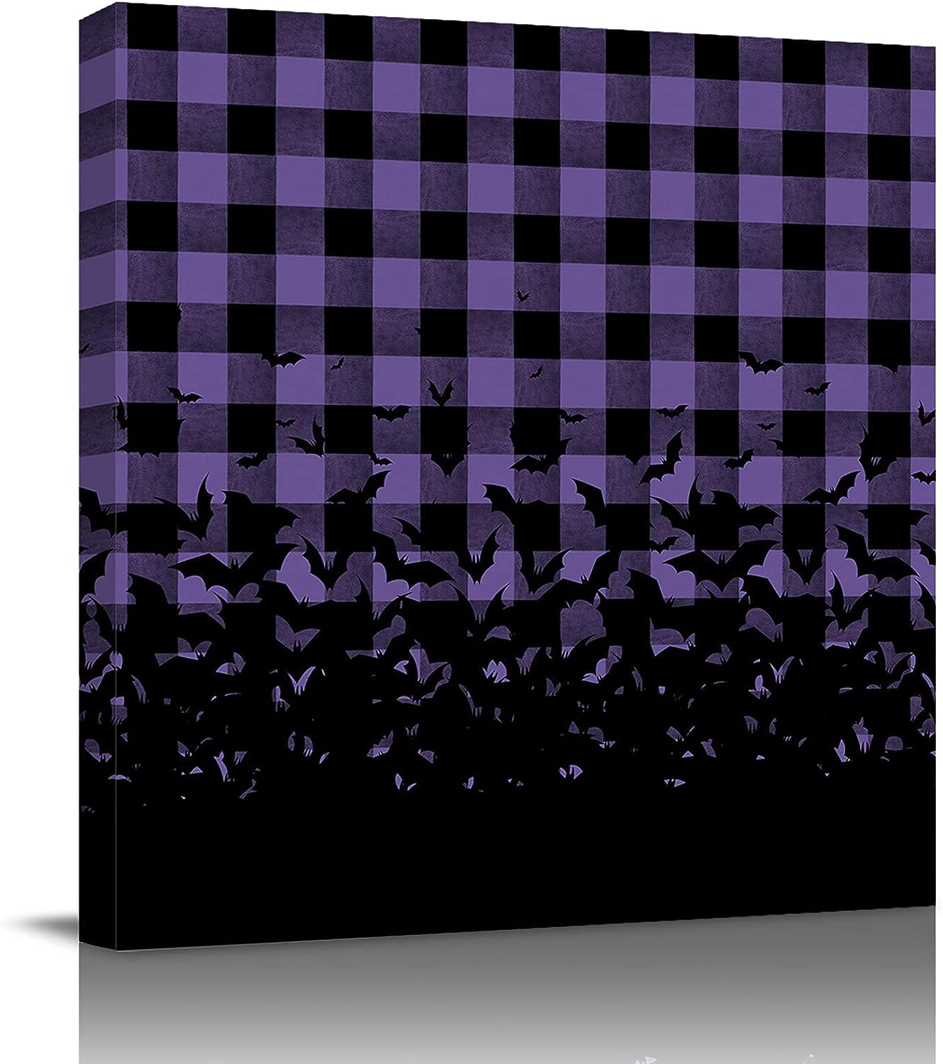 Canvas Wall Art - Canvas Prints Wall Decor for Bathroom - Halloween Horror Bats on Buffalo Plaid Purple Black Canvas Picture Poster Framed Artworks for Home Bedroom Living Room, 8 inch x8 inch  8&#034;x8&#034;