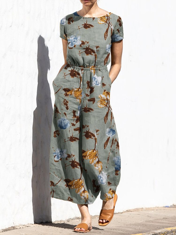 Plant Print Pocket Sash Round Neck Short Sleeve Jumpsuit - Shop Trendy Women's Fashion | TeeYours