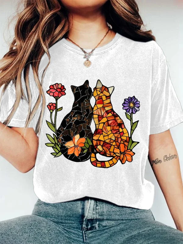 Women's Cute flower kitten Print T-shirt