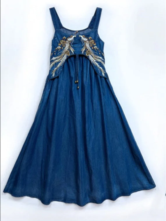 Women's Denim Embroidered Suspender Skirt