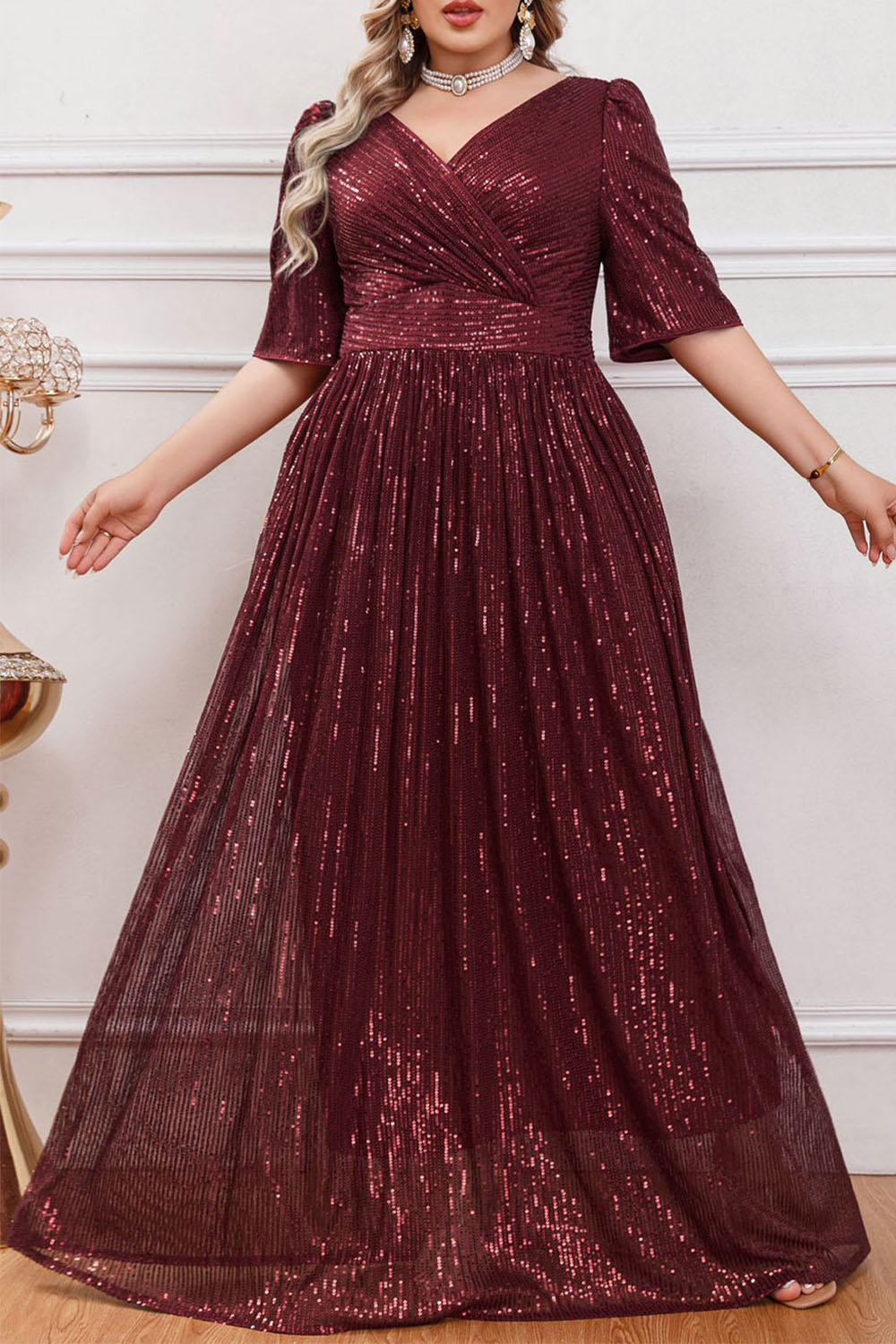 Plus Size Mother Of The Bride Burgundy Sequin Wrap Half Sleeve Maxi Dress