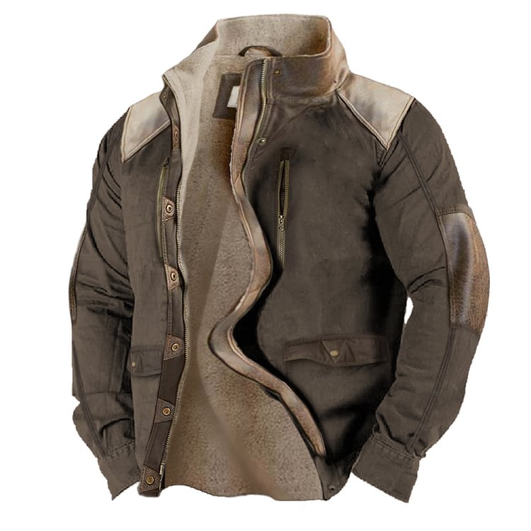 Men's Vintage Fleece Stand Collar Pocket Tactical Jacket