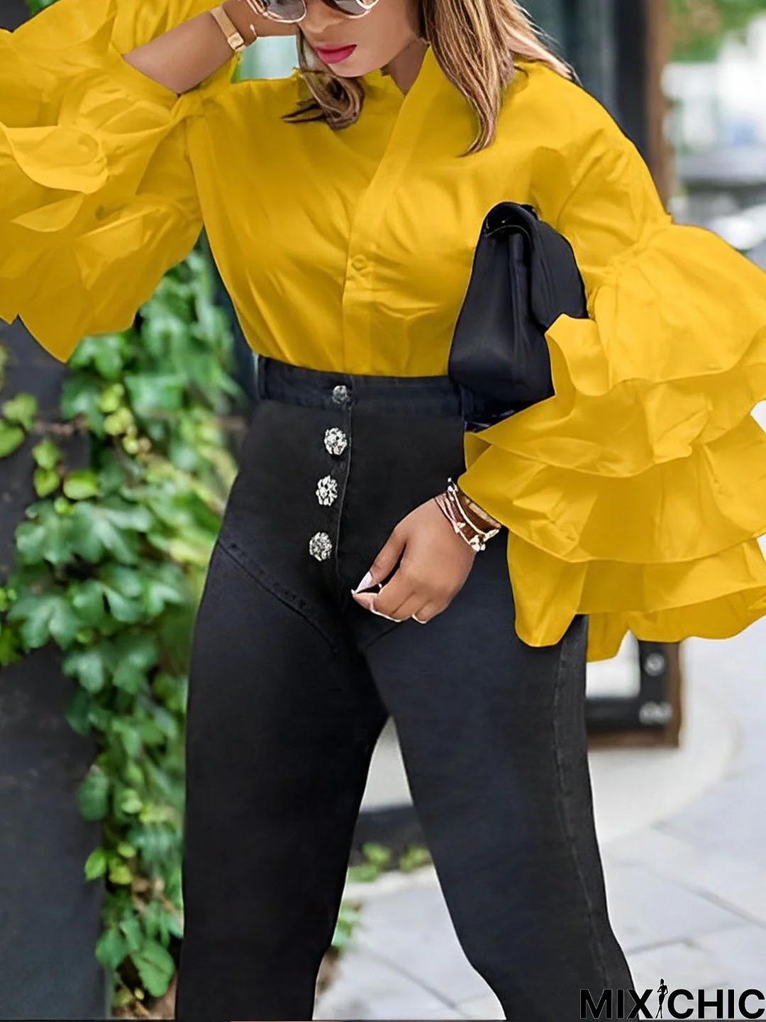 Ruffled Sleeves Stand Collar Plain Urban Blouse