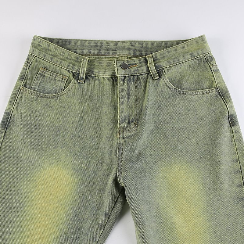 GREEN EMBROIDERED RAW EDGE WASHED JEANS