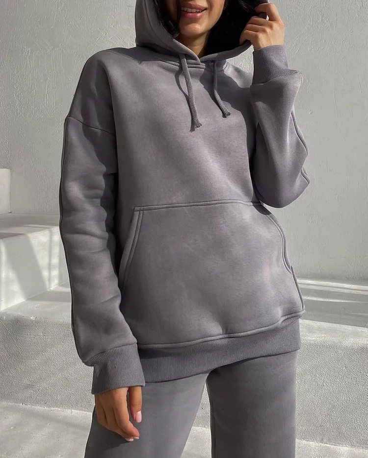 Solid Color Fleece Long-Sleeved Hooded Sweatshirt Trousers Two-Piece Set at Hiphopee