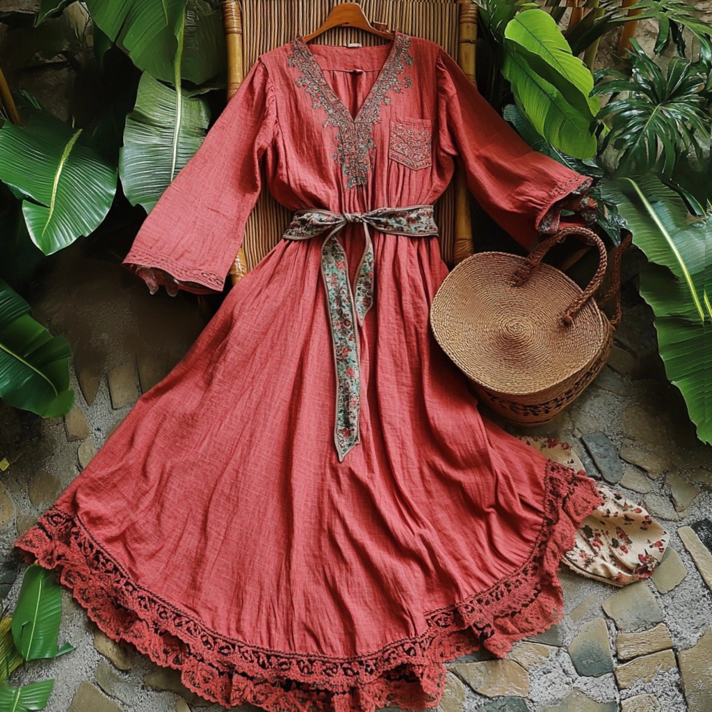 Women's Holiday Casual Linen V-Neck Maxi Dress