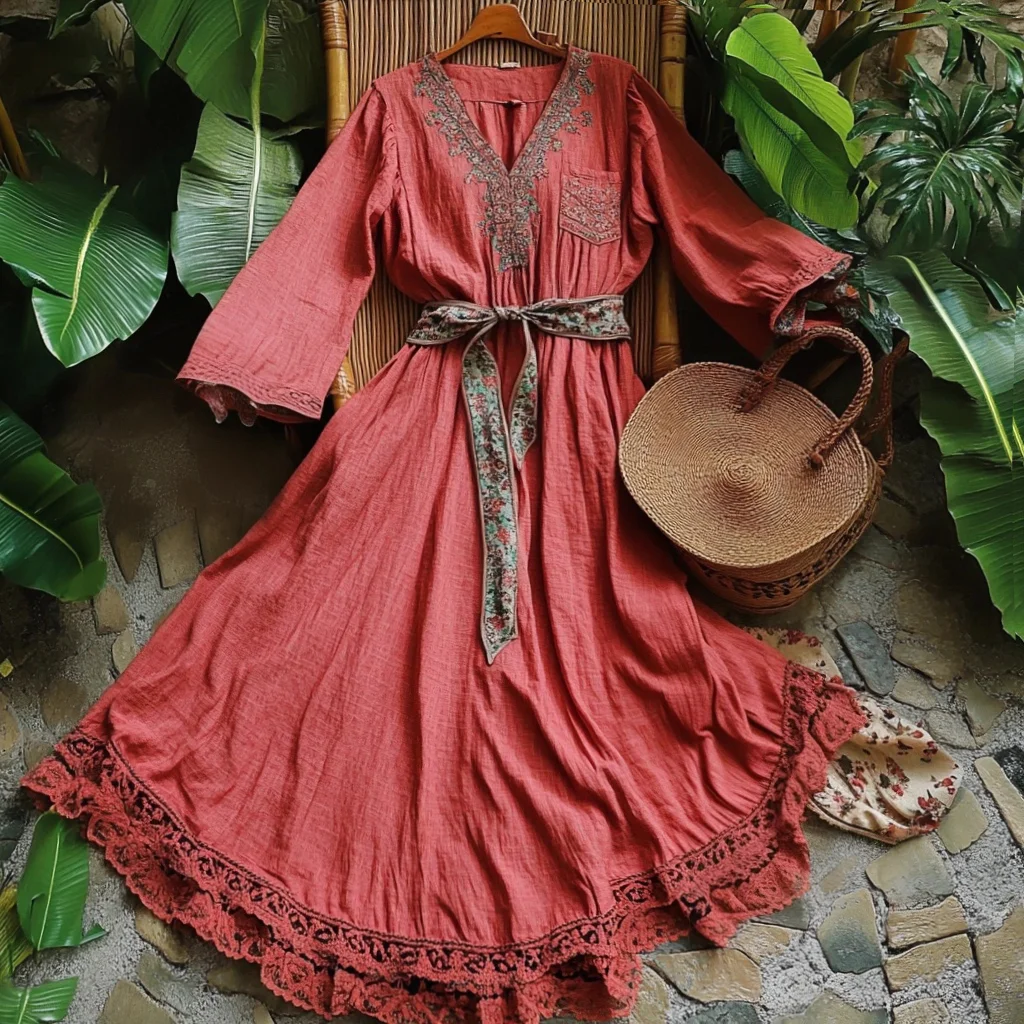  Bohemian Lace Trimmed Wrap Dress with Belt and Tassel Bag Set