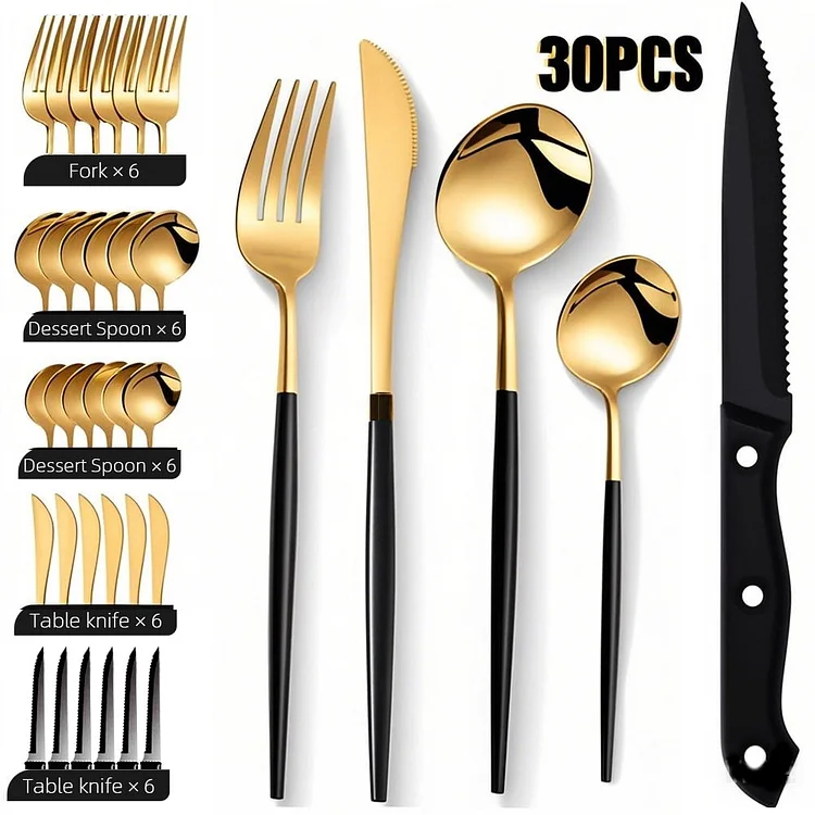 MYVIT Silverware Set 6 Piece Stainless Steel Gold Fork and Spoon Kitchen Accessories Cutlery Set
