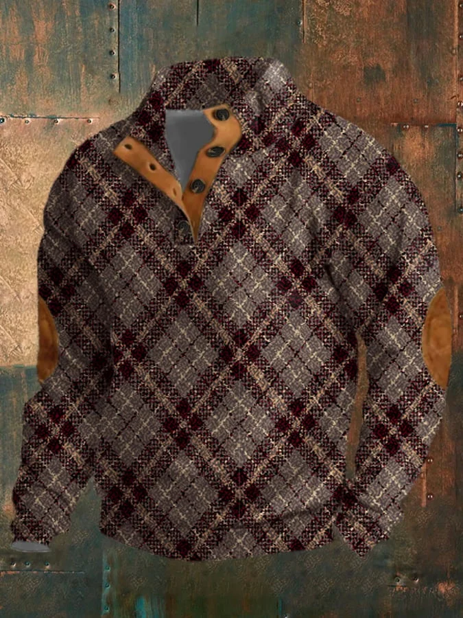 Men's Vintage Plaid Print Button Collar Pullover