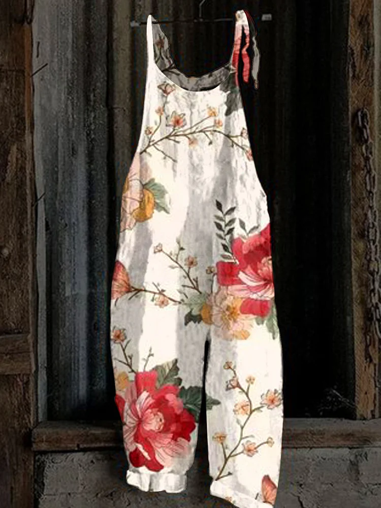 Daily Oil Painting Floral Print Loose Wide Leg Jumpsuit
