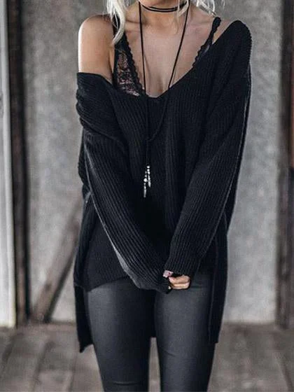 Casual Deep V Neck Knit Black Sweater