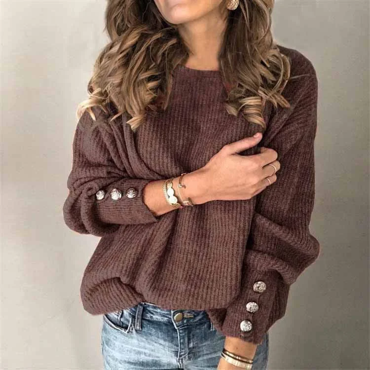Uveng Street Hipster Long-sleeved Round Neck Button Sweater Top T-shirt