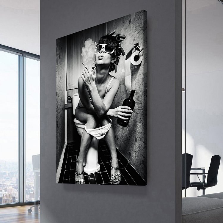 Party Girl on Toilet Smoking Canvas Wall Art