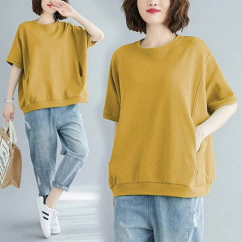 Uveng Uveng Size Add Fat Women's Clothing 200 Jin 2024 Summer Loose Large Size Cover Meat Show Thin Jacket Pure Color Round Collar Short Sleeve T-Shirt