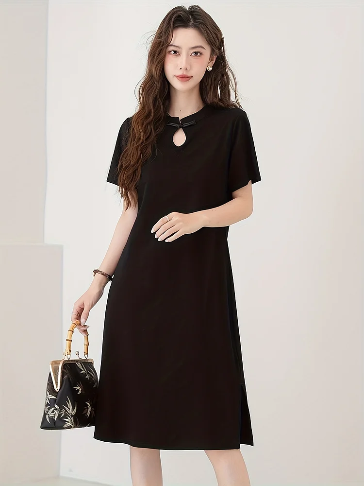 Elegant Chinese Style A-Line Dress For Women - Short Sleeve, Side Slit, Slimming Effect, Qipao Inspired, Round Neck, Summer Chic, Black, Elegant Event Wear | Qipao Style Dress | Traditional Element