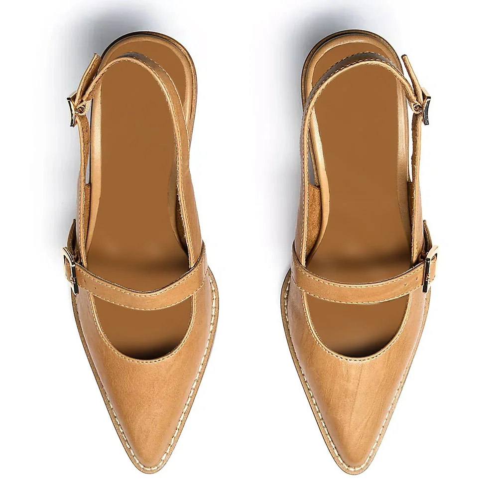 Tan Pointed Toe Slingback Mary Jane Shoes Heels with Buckle Strap