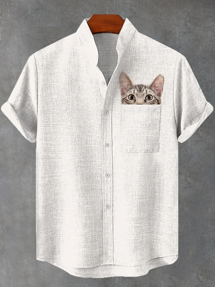 Men's Fun Cat Peeking Art Print Pocket Linen Blend Shirt