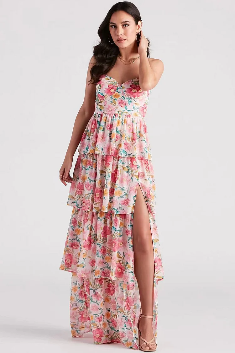 Wedding Guest Pink Floral Print Tiered Slit Cami Maxi Dress