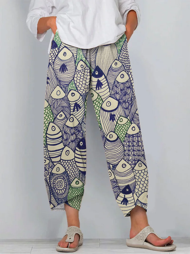Fun Fish Art Cropped Casual Pants