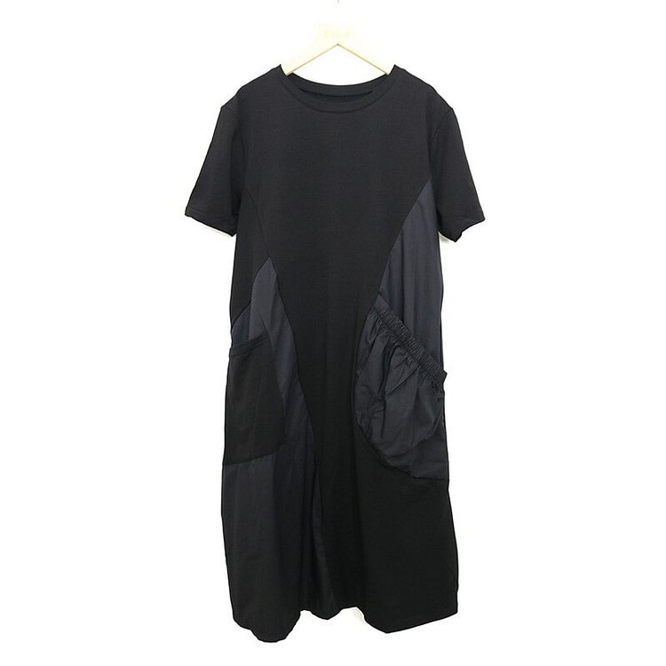 Fashion Loose O-neck Patchwork Pockets Short Sleeve Dress      