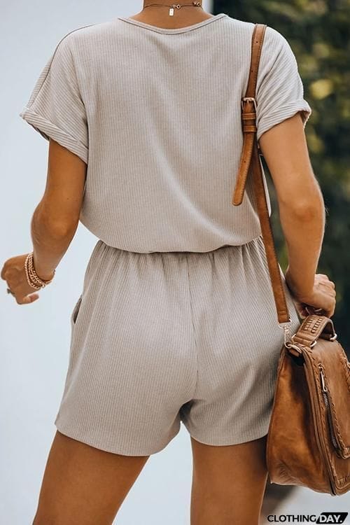 V Neck Pockets Drawstring Romper