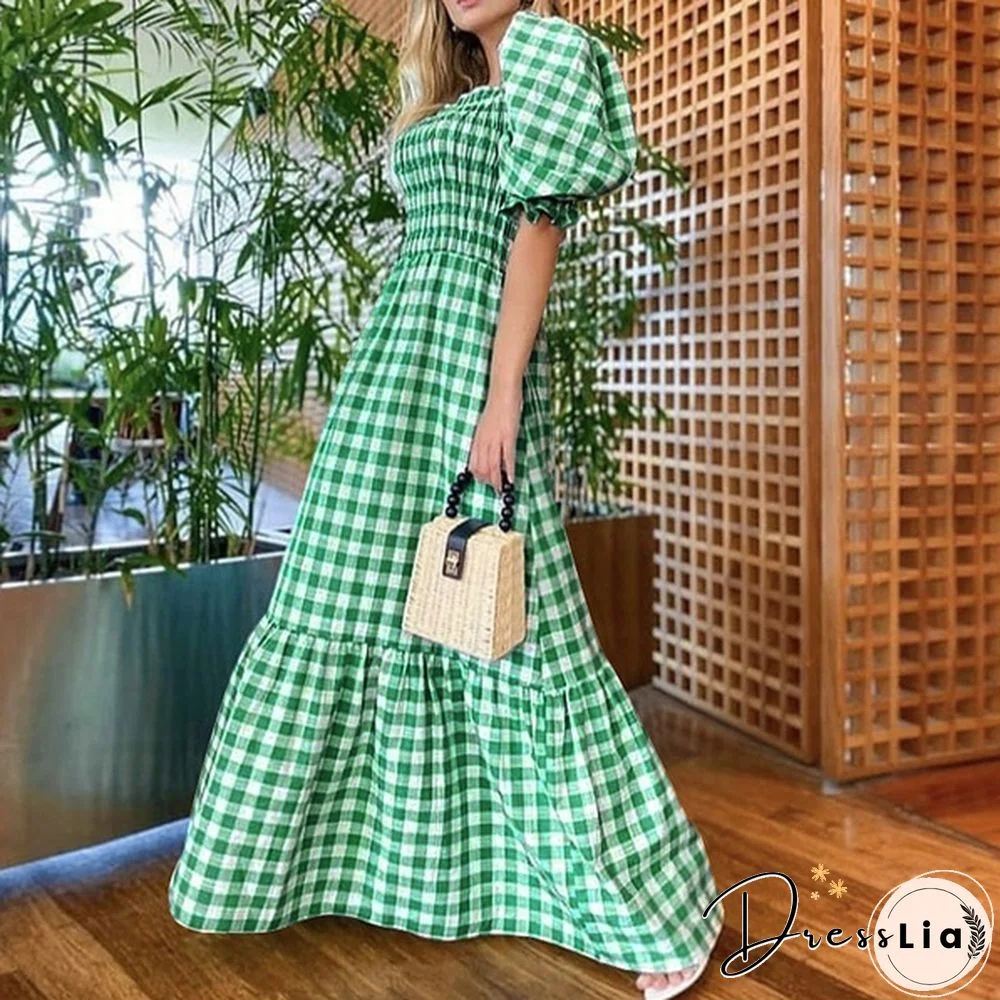 Women Puff Sleeve Square Neck Vintage Checked Plaid Maxi Dress Holiday Party Prom Dresses Kleid Plus Size