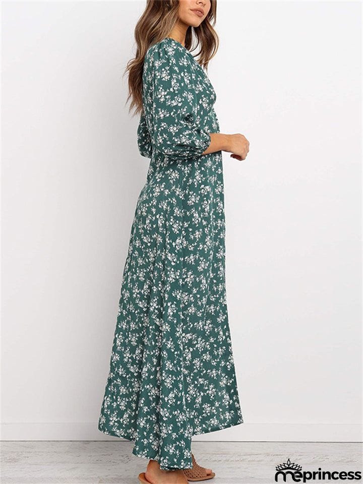Classy High Waisted Vintage Floral V Neck Long Dresses For Women