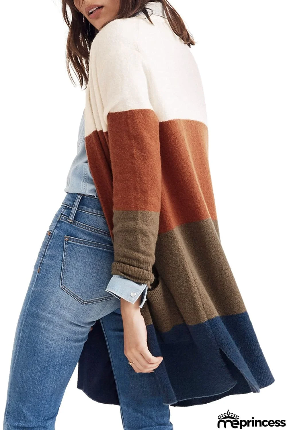 Colorblock Longline Cardigan with Pocket
