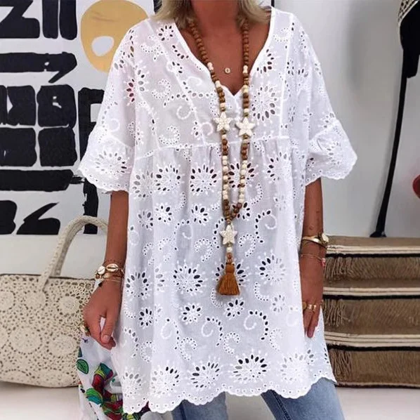 Wongn Wongn Women's New V-Neck Hollow Embroidered Blouse Short-Sleeved Dress