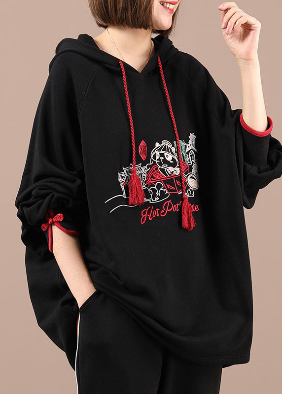 VCSHOES Black Hooded Embroideried Drawstring Fall Loose Sweatshirts Top